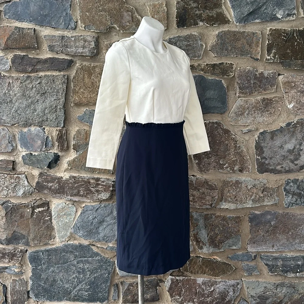 J. Crew 365 3/4 Sleeve Sheath 'Combo Dress' in Ivory White & Navy Blue Size 4